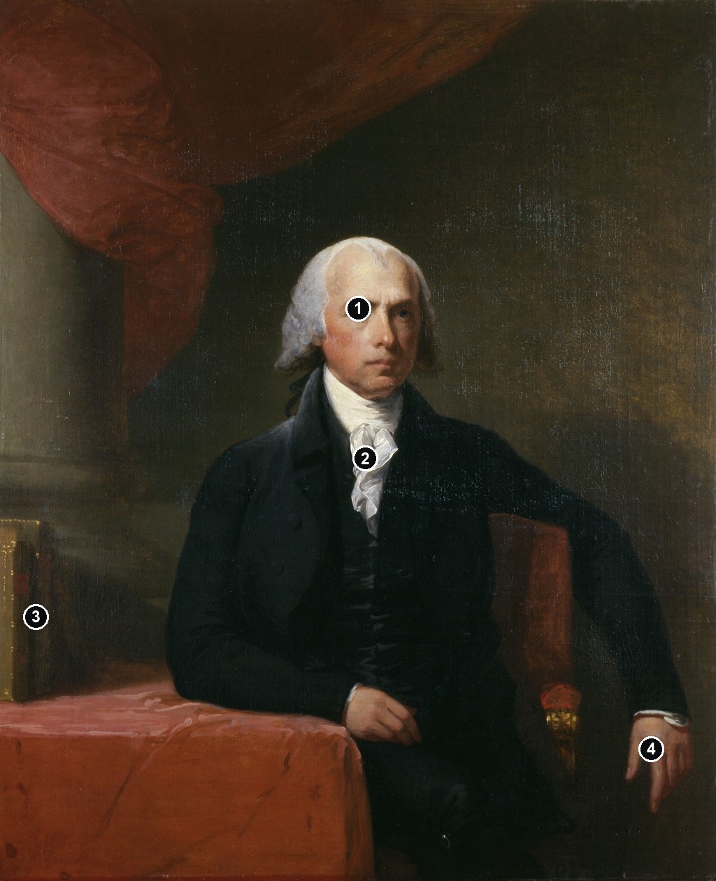 Annotated details from James Madison by Gilbert Stuart